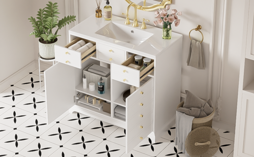 36'' Bathroom Vanity with Ceramic Sink Combo, Solid Wood Frame