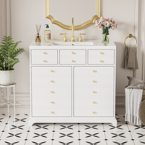 36'' Bathroom Vanity with Ceramic Sink Combo, Solid Wood Frame