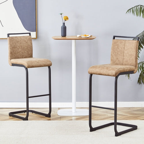 Modern Brown Tech Fabric Bar Stool Set of 2 with Black Metal Legs -