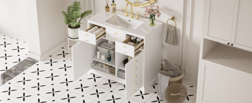 36'' Bathroom Vanity with Ceramic Sink Combo, Solid Wood Frame